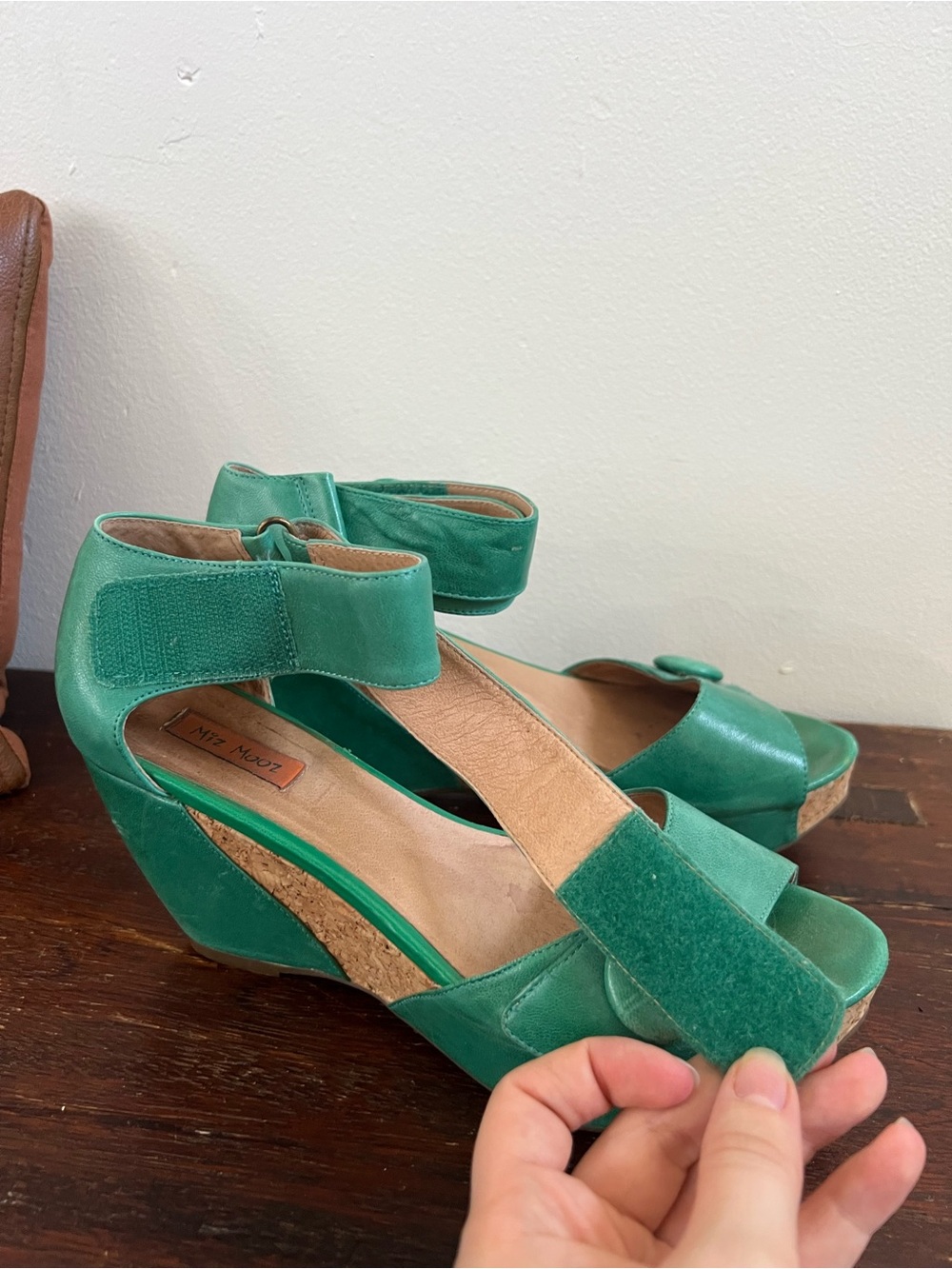 Miz Mooz Green Suede Cork Platform Wedge Sandals - Picture 3 of 8